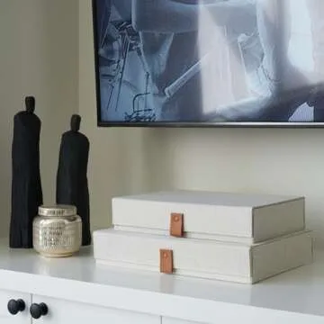 Decorative Photo Storage Boxes with Lids - Set of 2 Beautiful Linen Organizers Are Perfect to Safely Store Your Pictures, Documents, Scrapbooking Supplies, Keepsakes and Other Memories in Style