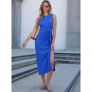 ANRABESS Womens Summer Casual Sleeveless T Shirt Midi Dress Slim Fit Tie Waist Split Tank Long Dresses 2025 Vacation Sundress Royal Blue Small