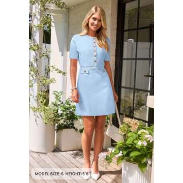 MEROKEETY Women's Summer Casual Button Down Short Dress High Waist Fitted Business Work Sweater Dresses, LightBlue, Medium