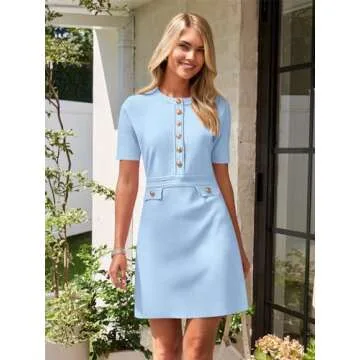 MEROKEETY Women's Summer Casual Button Down Short Dress High Waist Fitted Business Work Sweater Dresses, LightBlue, Medium