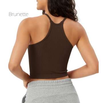 ODODOS Women's Crop Camisole 3-Pack Washed Lightweight Seamless Rib-Knit Long Crop Tank Tops, Oatmeal Barn Red Brunette, X-Small/Small