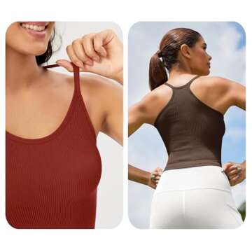 ODODOS Women's Crop Camisole 3-Pack Washed Lightweight Seamless Rib-Knit Long Crop Tank Tops, Oatmeal Barn Red Brunette, X-Small/Small