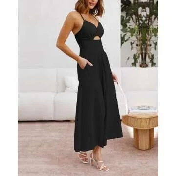 BTFBM Women 2025 Summer Spaghetti Strap Dress Sleeveless V Neck Cutout Slit Casual Beach Party Maxi Dresses with Pockets(Solid Black, Small)