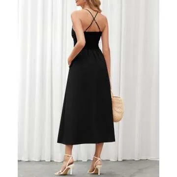 BTFBM Women 2025 Summer Spaghetti Strap Dress Sleeveless V Neck Cutout Slit Casual Beach Party Maxi Dresses with Pockets(Solid Black, Small)