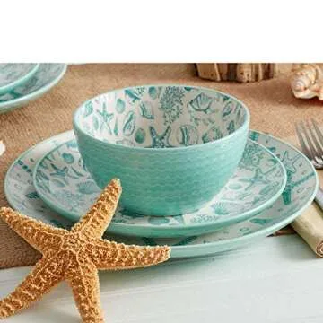 Pfaltzgraff Venice 16-Piece Stoneware Dinnerware Set, Service for 4, Aqua/White -