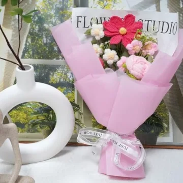 Crochet Flower Bouquet Handmade Knitted Artificial Flowers Hand Woven Flowers Bouquet with Exquisite Wrap for Valentine’s Day Birthday Wedding Mother's Day& Home Decoration
