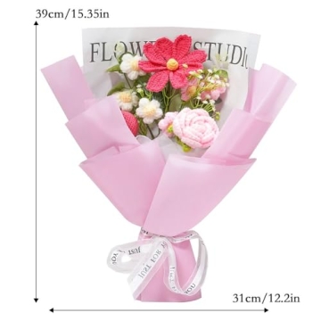 Crochet Flower Bouquet Handmade Knitted Artificial Flowers Hand Woven Flowers Bouquet with Exquisite Wrap for Valentine’s Day Birthday Wedding Mother's Day& Home Decoration