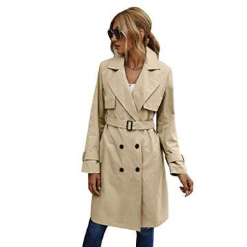MIEAHORY Women Solid Color Jacket, Adults Long Sleeve Lapel Double Breasted Belted Trench Coat (Khaki, S)