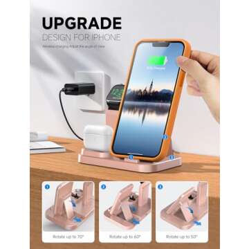 RJR 3 in 1 Wireless Charging Station for Apple Devices, Charging Dock for iWatch 9 8 7 6 SE 5 4 3 2 1, Built-in Charger Stand for iPhone Series AirPods Gifts (with 15W Adapter) Rose Gold