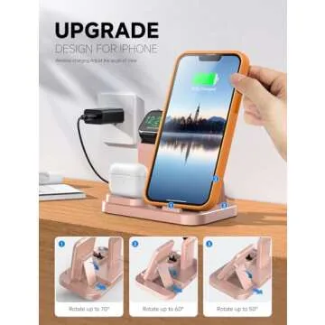 RJR 3 in 1 Wireless Charging Station for Apple Devices, Charging Dock for iWatch 9 8 7 6 SE 5 4 3 2 1, Built-in Charger Stand for iPhone Series AirPods Gifts (with 15W Adapter) Rose Gold
