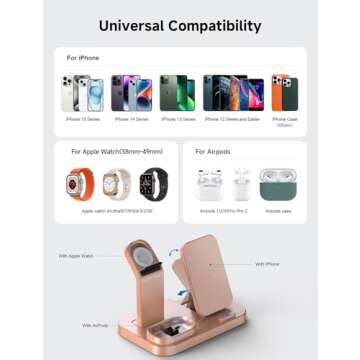 RJR 3 in 1 Wireless Charging Station for Apple Devices, Charging Dock for iWatch 9 8 7 6 SE 5 4 3 2 1, Built-in Charger Stand for iPhone Series AirPods Gifts (with 15W Adapter) Rose Gold