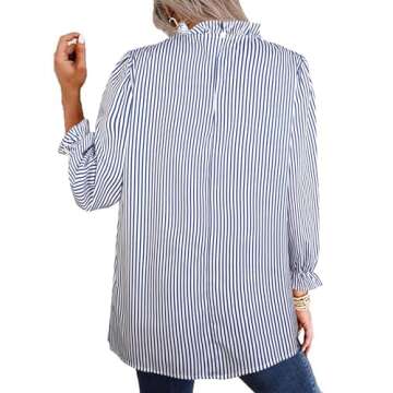 Avanova Women's Vertical Striped Ruffle Hem 3/4 Sleeve Mock Neck Elegant Work Blouses Top Blue Strip...