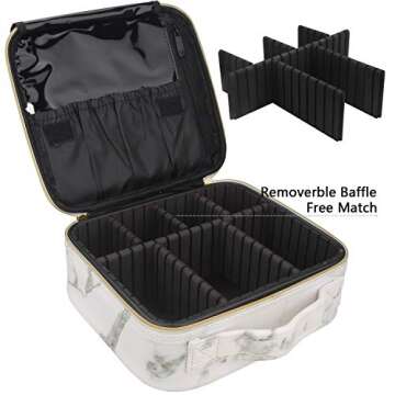 Relavel Travel Makeup Train Case Cosmetic Organizer Portable Artist Storage Bag with Adjustable Dividers for Cosmetics Brushes Toiletry Jewelry Digital Accessories (Marble, White)
