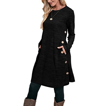 OFEEFAN Women's Long Sleeve Winter Sweater Dress with Black Buttons