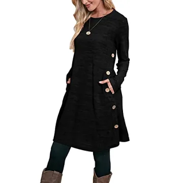 OFEEFAN Women's Long Sleeve Winter Sweater Dress with Black Buttons