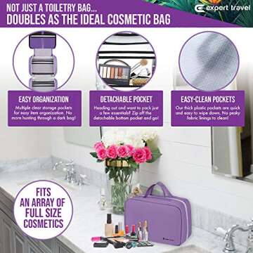Hanging Travel Toiletry Bag for Men and Women | Makeup Bag | Cosmetic Bag | Bathroom and Shower Organizer Kit | Leak Proof | Large (34”x11”)