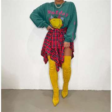 Plaid Skirt Mini - High Waisted Knot Front Asymmetrical Hem A-line Skirts Red M