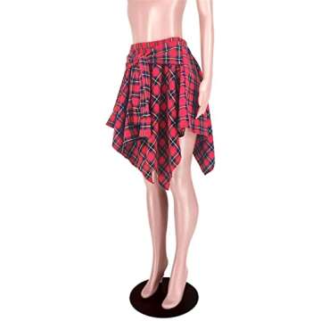 Plaid Skirt Mini - High Waisted Knot Front Asymmetrical Hem A-line Skirts Red M
