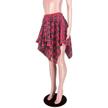 Plaid Skirt Mini - High Waisted Knot Front Asymmetrical Hem A-line Skirts Red M