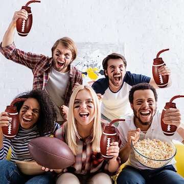 Sumind 12 Pcs Sport Ball Cups with Straws and Lids, 17 oz Plastic Cups Bulk for Kids Birthday Theme Party Sport Party Favors Supplies(Football)