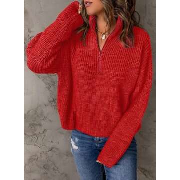 EVALESS Womens Sweaters Cable Kint Tops Quarter Zip Pullover Sweater for Women Business Casual Fall Clothes Trendy 2024 Winter Outfits Work Shirts Oversized Red Sweater Long Sleeve Tops, Large