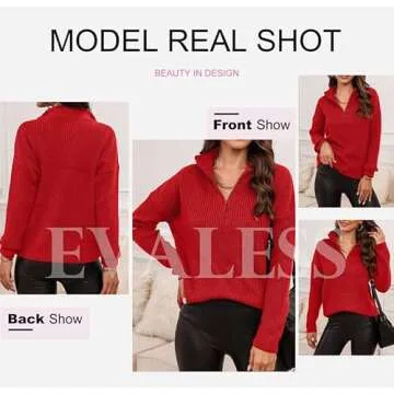 EVALESS Womens Sweaters Cable Kint Tops Quarter Zip Pullover Sweater for Women Business Casual Fall Clothes Trendy 2024 Winter Outfits Work Shirts Oversized Red Sweater Long Sleeve Tops, Large