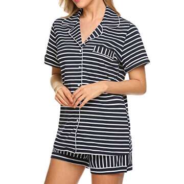 Ekouaer Pajama Set Womens Short Sleeve Sleepwear Cotton Stripe Pjs Set(Blue and White Stripe, Small)