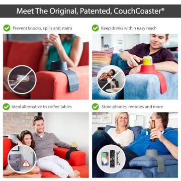 HIT PRODUCTS CouchCoaster - Original & Patented Armrest Couch Cup Holder, Mocha Brown - A Weighted, Silicone, Anti Slip Coaster Stops Spills On Your Sofa, Armchair Or Recliner & Keeps Drinks in Reach