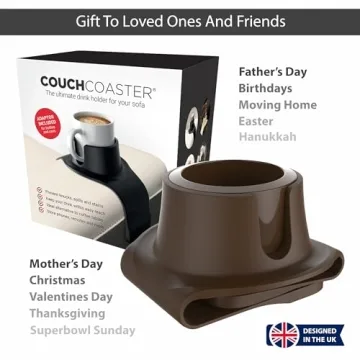 HIT PRODUCTS CouchCoaster - Original & Patented Armrest Couch Cup Holder, Mocha Brown - A Weighted, Silicone, Anti Slip Coaster Stops Spills On Your Sofa, Armchair Or Recliner & Keeps Drinks in Reach