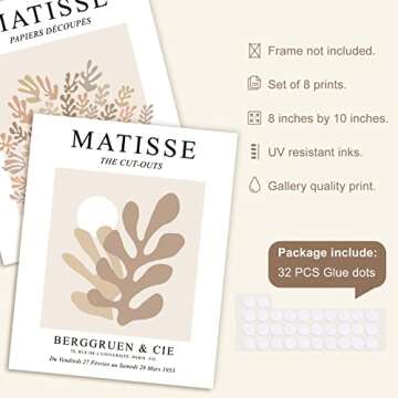 Whaline 8Pcs Matisse Posters Minimalist Wall Art Danish Pastel Room Decor Vintage Abstract Art Posters with 32Pcs Glue Points for Living Room Bedroom Office Aesthetic Decor (8x10 in, Unframed)