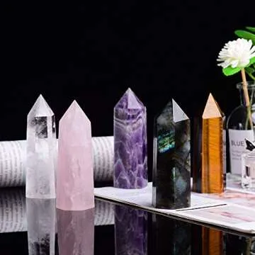 Runyangshi Natural Healing Crystal Wands Set of 5, 3.9"x1.8" (10x3cm) Large Crystal Tower 6 Faceted Single Point Crystal Prism Wand Natural Stones for Healing Meditation Reiki Chakra Therapy