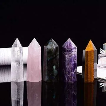 Runyangshi Natural Healing Crystal Wands Set of 5, 3.9"x1.8" (10x3cm) Large Crystal Tower 6 Faceted Single Point Crystal Prism Wand Natural Stones for Healing Meditation Reiki Chakra Therapy