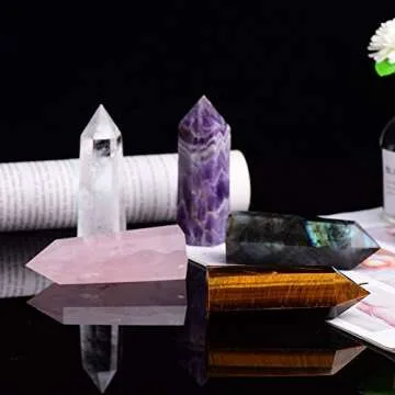 Runyangshi Natural Healing Crystal Wands Set of 5, 3.9"x1.8" (10x3cm) Large Crystal Tower 6 Faceted Single Point Crystal Prism Wand Natural Stones for Healing Meditation Reiki Chakra Therapy