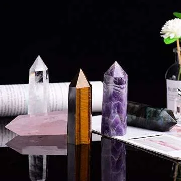 Runyangshi Natural Healing Crystal Wands Set of 5, 3.9"x1.8" (10x3cm) Large Crystal Tower 6 Faceted Single Point Crystal Prism Wand Natural Stones for Healing Meditation Reiki Chakra Therapy