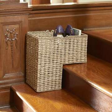 Household Essentials Wicker Stair Basket, Wicker Step Organizer with Handles, Use to Collect and Tra...