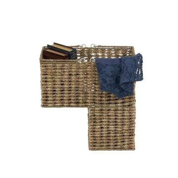 Household Essentials Wicker Stair Basket, Wicker Step Organizer with Handles, Use to Collect and Transport Items from Floor to Floor