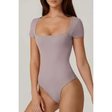QINSEN Short Sleeve Bodysuit Tops for Women Sexy Square Neck Summer Body Suit Shirt Crystal Gray S