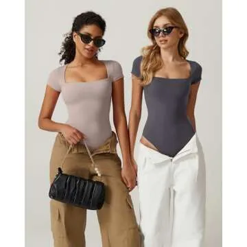 QINSEN Short Sleeve Bodysuit Tops for Women Sexy Square Neck Summer Body Suit Shirt Crystal Gray S