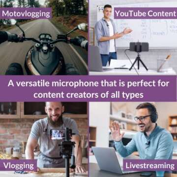 Purple Panda Lavalier Lapel Microphone Kit - Clip-on Omnidirectional Condenser Lav Mic Compatible with iPhone, iPad, GoPro, DSLR, Zoom/Tascam Recorder, Samsung, Android, PS4