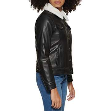 Levi's Women's Classic Sherpa Lined Trucker Jacket (Standard & Plus Sizes), Black/Cream Faux Fur, Medium