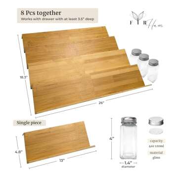 Bamboo Spice Drawer Organizer with Jars and Labels - Spice Rack for Cabinet and Drawer Organization