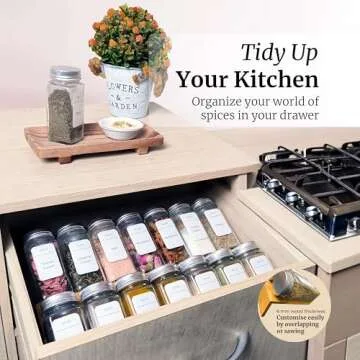 Bamboo Spice Drawer Organizer with Jars and Labels - Spice Rack for Cabinet and Drawer Organization