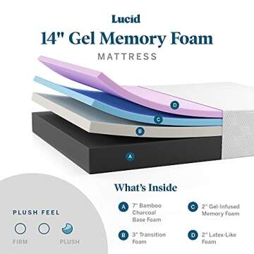 LUCID 14 Inch Memory Foam Mattress - Plush Feel - Memory Foam Infused with Bamboo Charcoal and Gel -...