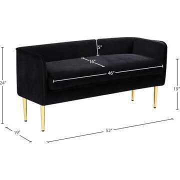 Meridian Furniture Audrey Collection Modern | Contemporary Velvet Upholstered Bench with Sturdy Metal Legs in Gold Finish, 52" W x 19" D x 24" H, Black