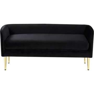 Meridian Furniture Audrey Collection Modern | Contemporary Velvet Upholstered Bench with Sturdy Metal Legs in Gold Finish, 52" W x 19" D x 24" H, Black