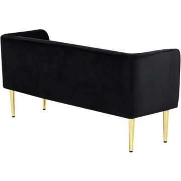 Meridian Furniture Audrey Collection Modern | Contemporary Velvet Upholstered Bench with Sturdy Metal Legs in Gold Finish, 52" W x 19" D x 24" H, Black