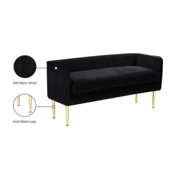 Meridian Furniture Audrey Collection Modern | Contemporary Velvet Upholstered Bench with Sturdy Metal Legs in Gold Finish, 52" W x 19" D x 24" H, Black