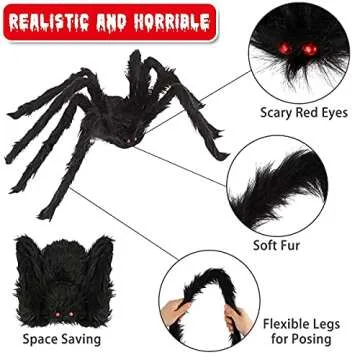 Halloween Giant Spider Decorations (3 PACK), Realistic Halloween Spider Props, Fake Scary Hairy Spiders Sets for Halloween Decorations Indoor, Outdoor and Yard Creepy Decor (59", 49”, 35”)