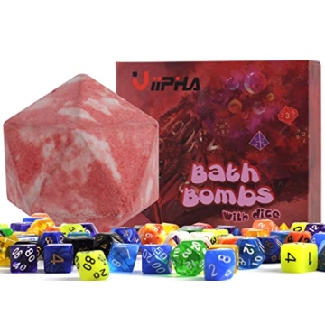 Huge D20 Bath Bombs with Full Surprise Set of Polyhedral Dice Inside, D&D Inspired Dragon Blood Bath...
