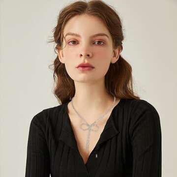 FAMARINE Silver Plated Bow Necklace for Women Simple Cubic Zirconia Silver Bow Neckace for Women Gift